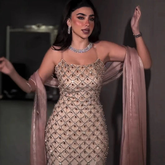 Luxury Pink Beaded Mermaid Evening Dress with Cape LA73366