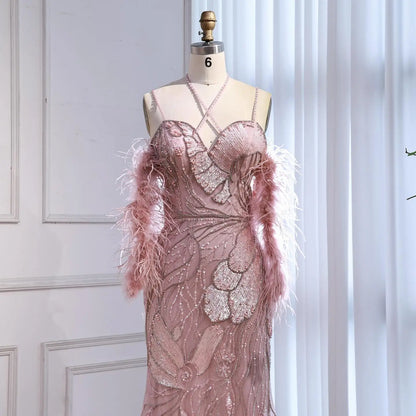 Luxury Pink Beaded Mermaid Evening Dress with Spaghetti Straps LA72492