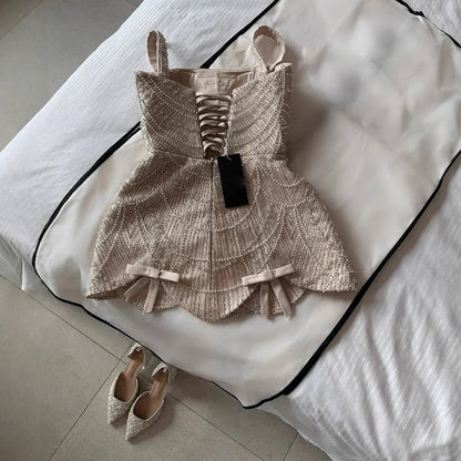 Luxury Nude Pearl Beaded A-Line Mini Evening Dress LA73211