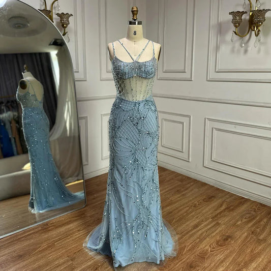 Luxury  nude Spaghetti Strap Beaded Mesh Evening Dress LA72927