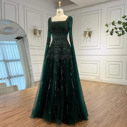 Luxury Green A-LineBeaded  Evening Dress with Cape Sleeves LA73089