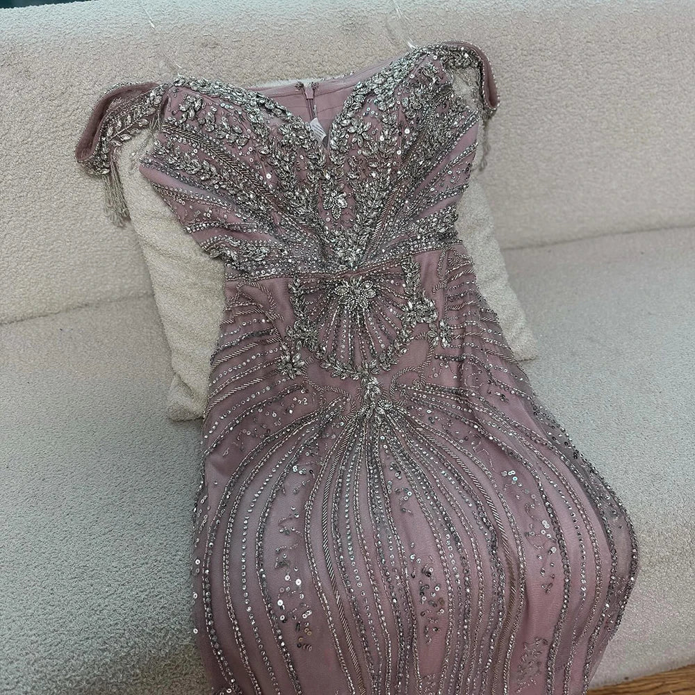 Luxury Pink Crystal Tassel Off Shoulder Evening Dress Dubai LA73204