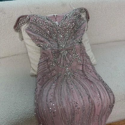 Luxury Pink Crystal Tassel Off Shoulder Evening Dress Dubai LA73204