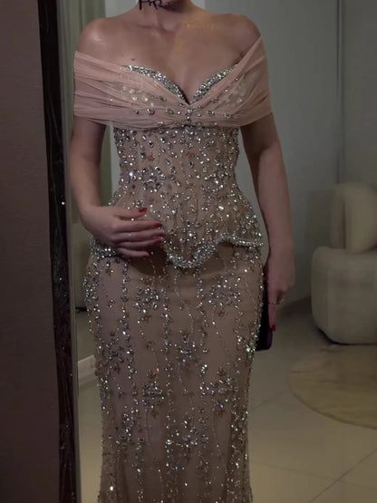 Luxury Nude Beaded Mermaid Evening Dress LA73336