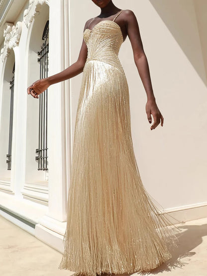 Luxury Arabic Gold Mermaid Beaded Tassel Evening Dress LA73446