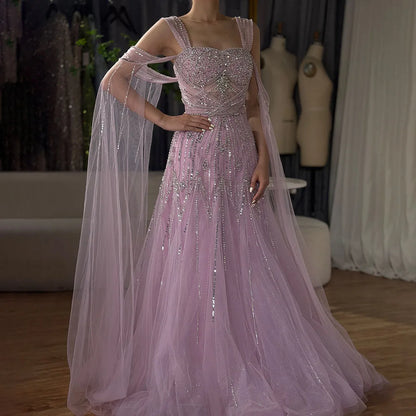 Luxury Dubai  pink Beaded Spaghetti Strap Design A-Line Evening Dresses Gowns with Cape Sleeves for Formal Occasion LA72726