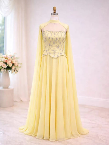 Luxury Yellow Stone Two Pieces Evening Dress with Cape LA73073A