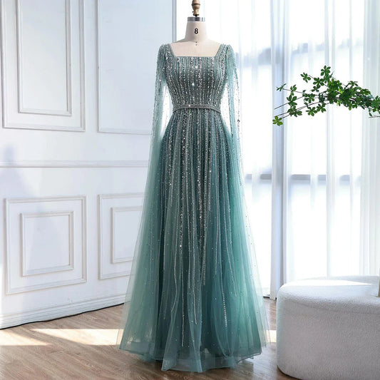 Luxury Dubai Square Neck Beaded Evening Gown with Cape LA73188