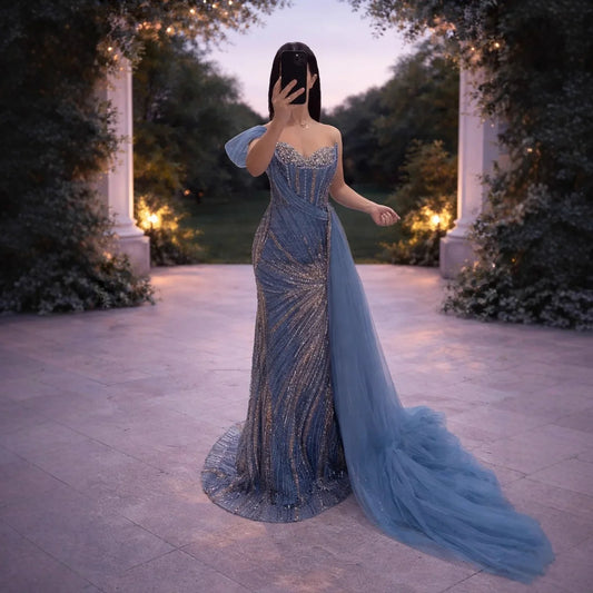 Luxury Blue Crystal Beaded One Shoulder Mermaid Evening Dress LA73425