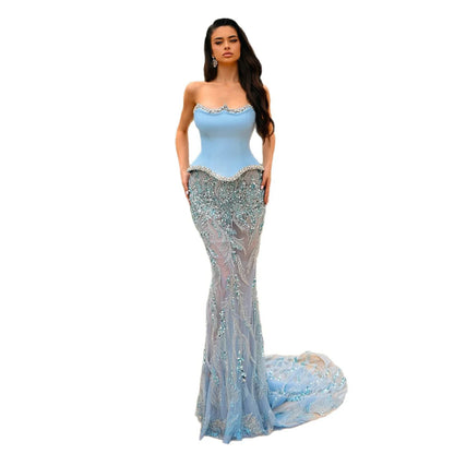 Luxury Blue Strapless Corset Pearls Beaded Mermaid Dress LA73110A