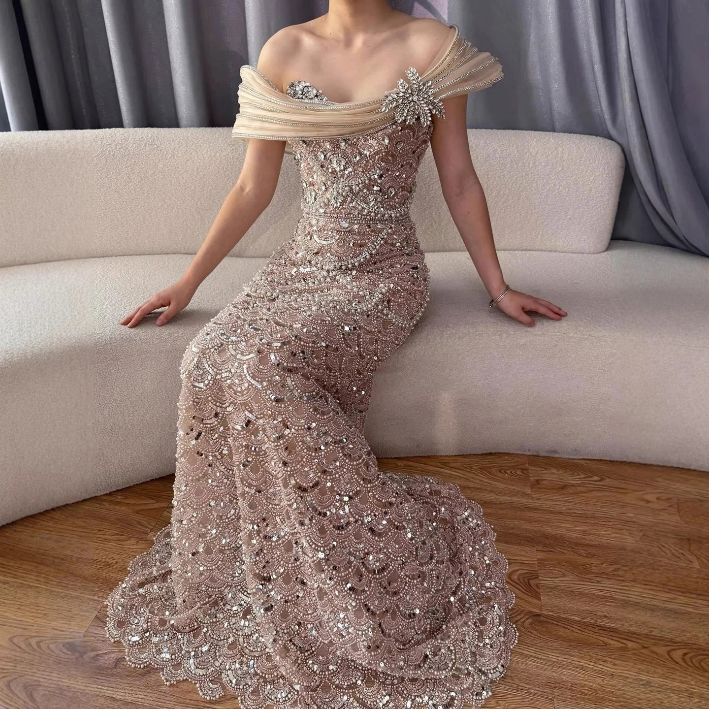 Luxury Nude Beaded Off Shoulder Mermaid Evening Dress LA73365A