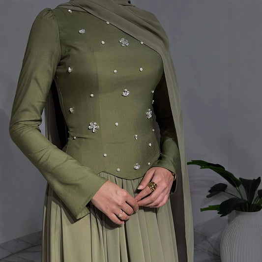 Luxury Olive Green Beaded Evening Dress with Cape LA73217