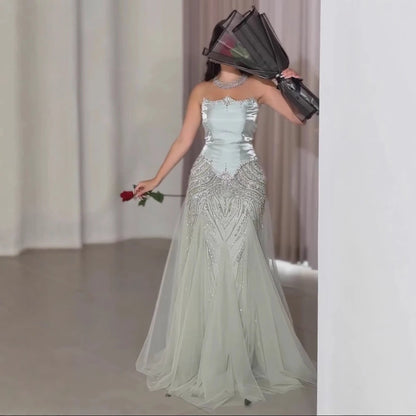 Luxury Sage Green Beaded Mermaid Evening Dress with Balloon Sleeves LA73201