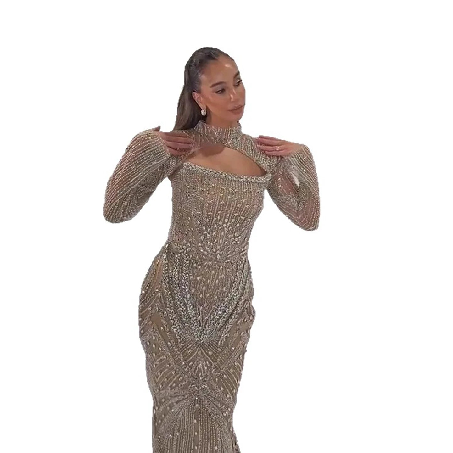 Luxury Arabic Nude Crystal Beaded Mermaid Evening Dress with Jacket LA73376