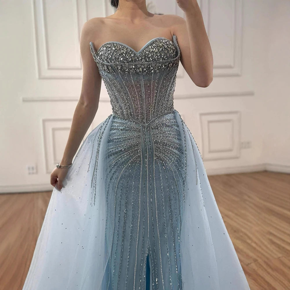 Luxury Dubai Nude Beaded Mermaid Evening Dress with Overskirt LA72811