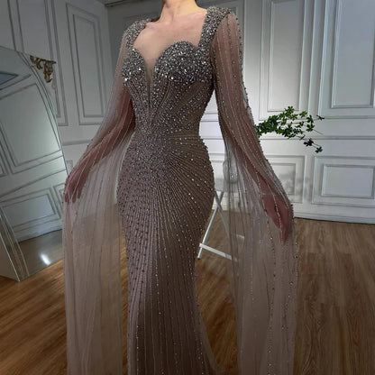 Luxury Caramel Crystal Beaded Mermaid Evening Dress with Cape LA72575D