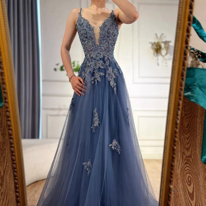 Luxury Sage Green Lace A-Line Prom Dress with Spaghetti Straps LA73005