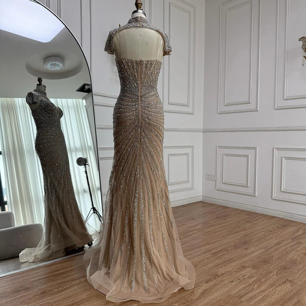 Nude Mermaid Evening Dress with Detachable Beaded High Neck LA73087
