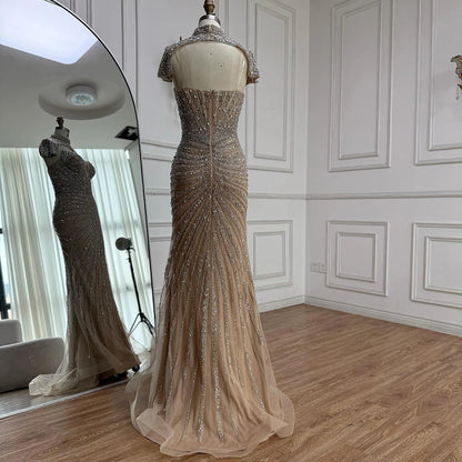 Nude Mermaid Evening Dress with Detachable Beaded High Neck LA73087