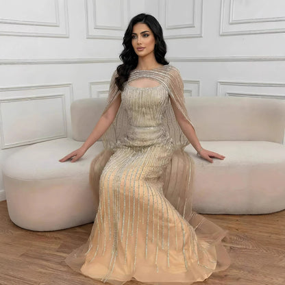 Luxury Blue Diamond Evening Dress With Cape LA73426