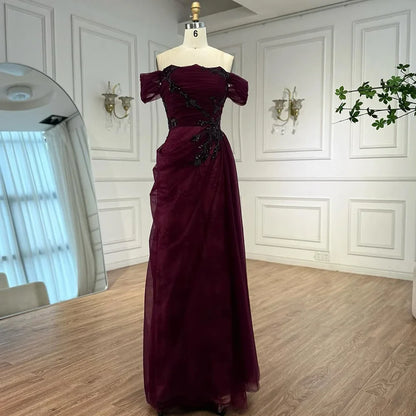 Elegant Wine Red Off Shoulder Lace Evening Dress with Appliques LA73010