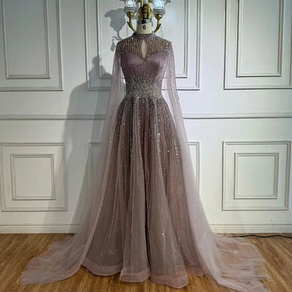 Luxury Modest Blue Beaded Evening Dress with Cape LA73059