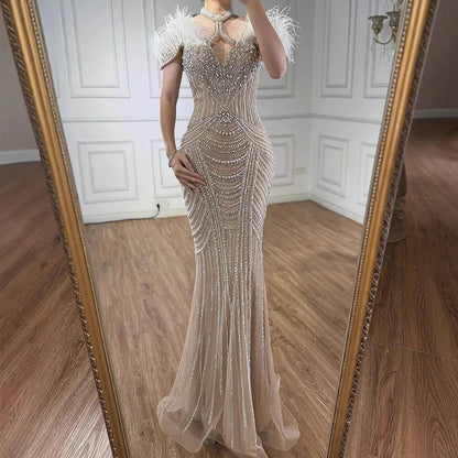 Luxury Pink Feather Halter Beaded Evening Gown for Wedding Party LA73212