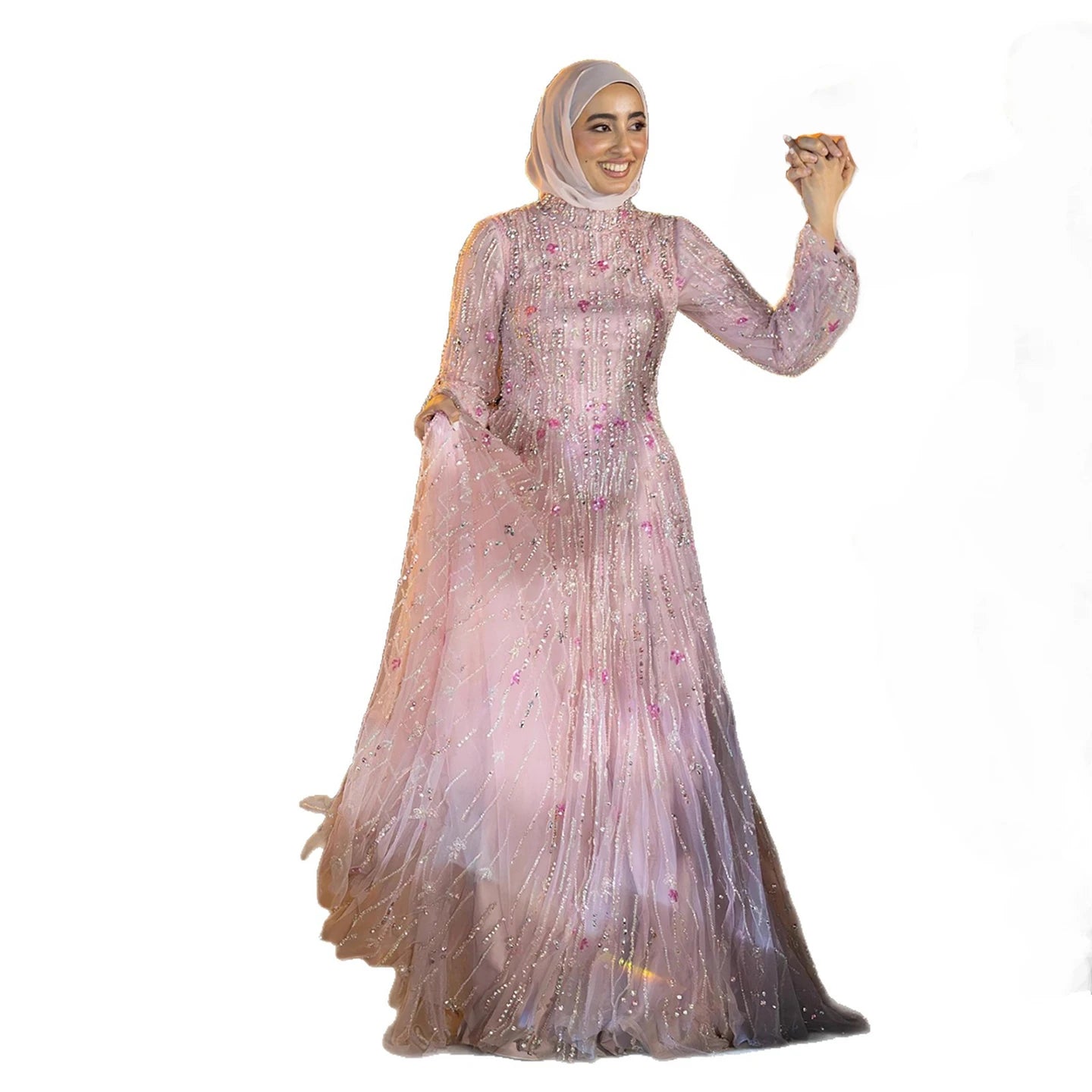 Luxury Pink Arabic Modest Muslim A-Line Crystal Beaded Evening Dress LA73363