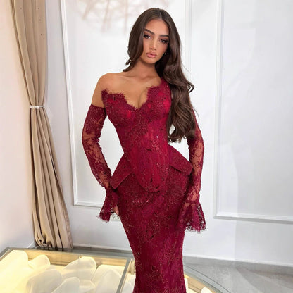 Luxury Wine Red Lace Beaded Mermaid Evening Dress LA73341