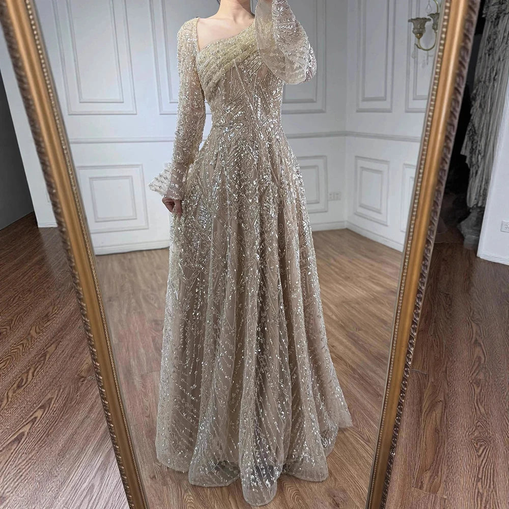 Luxury Turquoise Beaded A-Line Evening Dress with Puffy Sleeves LA73177