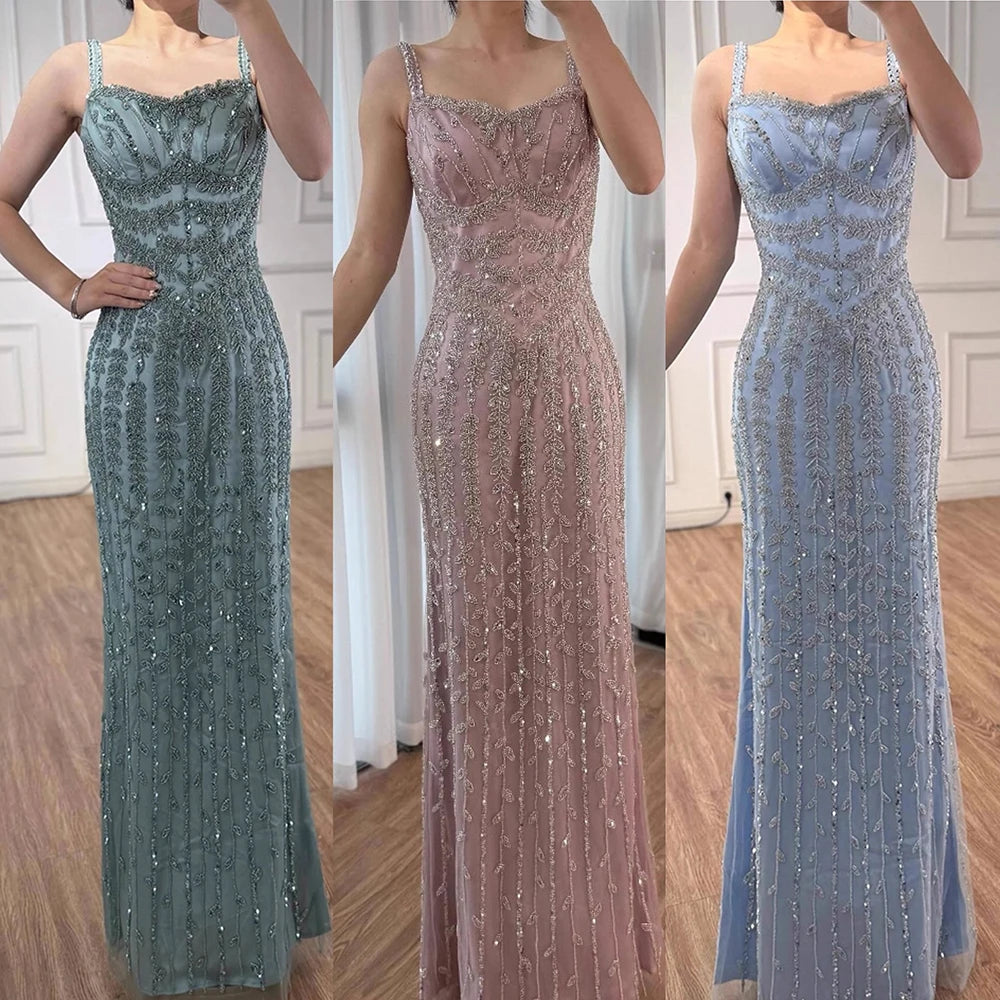Luxury Arabic Blue Spaghetti Strap Mermaid Evening Dress Beaded LA72725