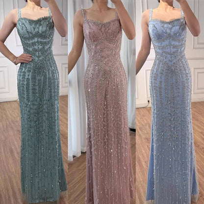 Luxury Arabic Blue Spaghetti Strap Mermaid Evening Dress Beaded LA72725