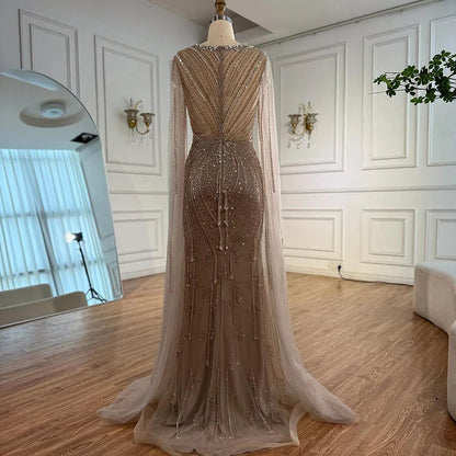 Luxury Designer Beige Beaded Evening Dress with Cape Sleeves LA72992