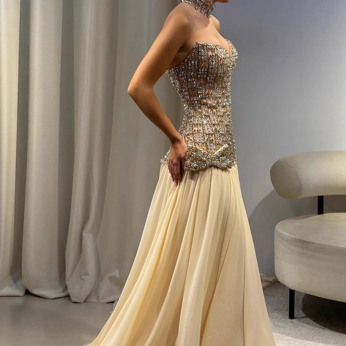 Luxury Champagne A-Line Crystal Beaded Evening Dress LA73361