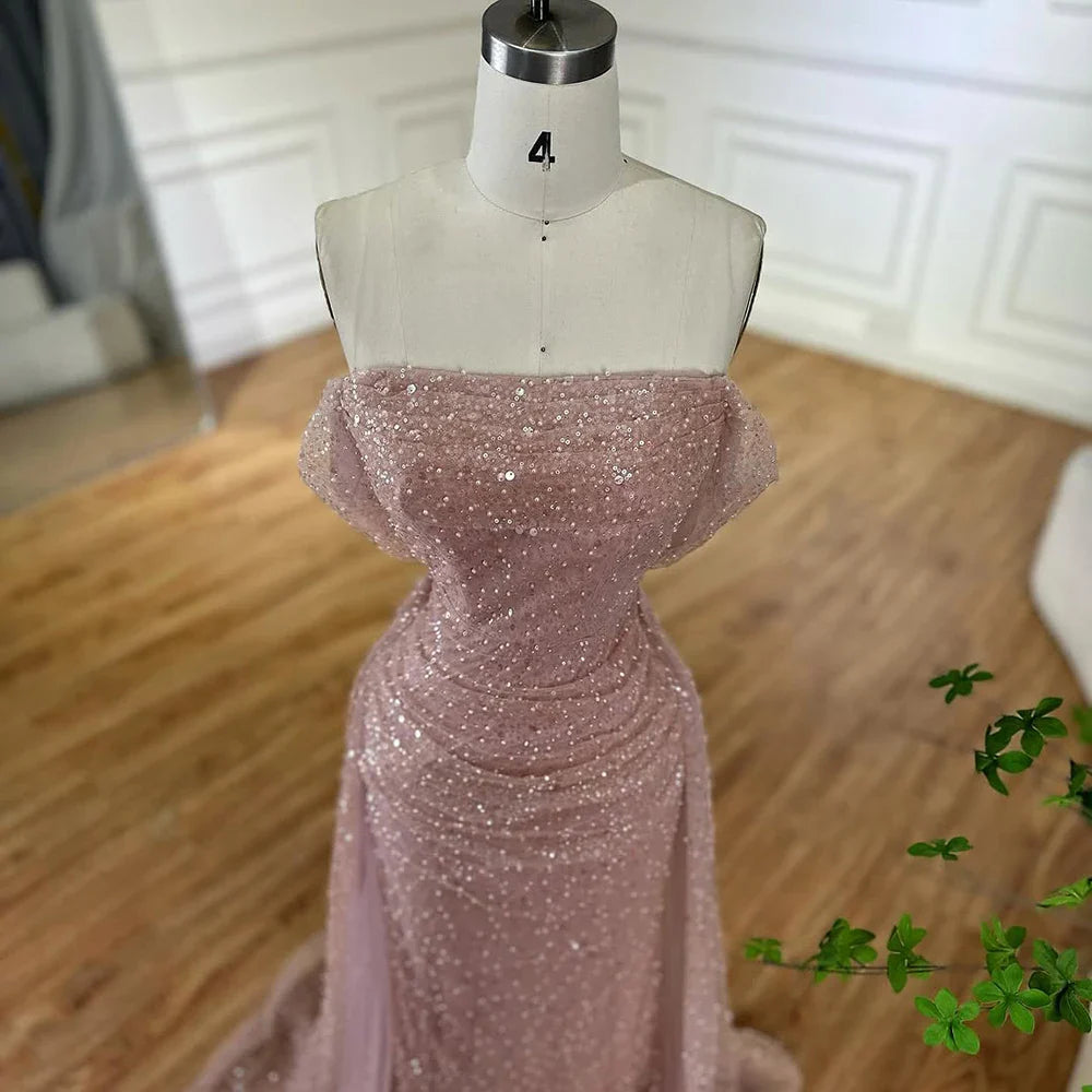 Luxury Dubai Customize  Pink Elegant Saudi Mermaid Beaded Arabic Evening Dresses Gown For Formal Occasion LA72204A