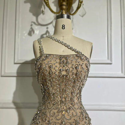 Luxury Dubai  Elegant Nude One Shoulder Beaded Evening Dresses Gowns for Formal Occasion  LA72791