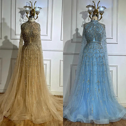 Luxury Blue Beaded A-Line Evening Gown with Cape Sleeves LA71803G