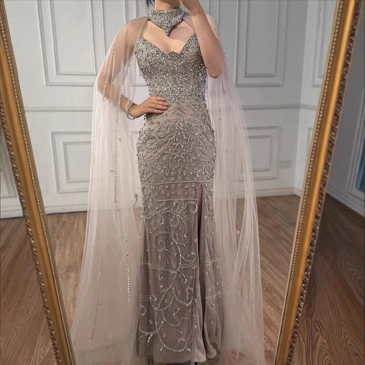 Luxury Sexy Split Evening Dress With Cape Nude LA73339