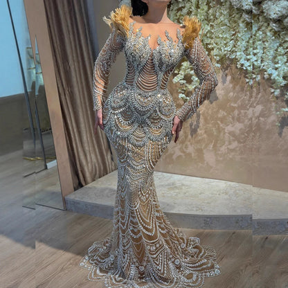 Luxury Nude Beaded Feather Long Sleeve Mermaid Evening Dress LA73348