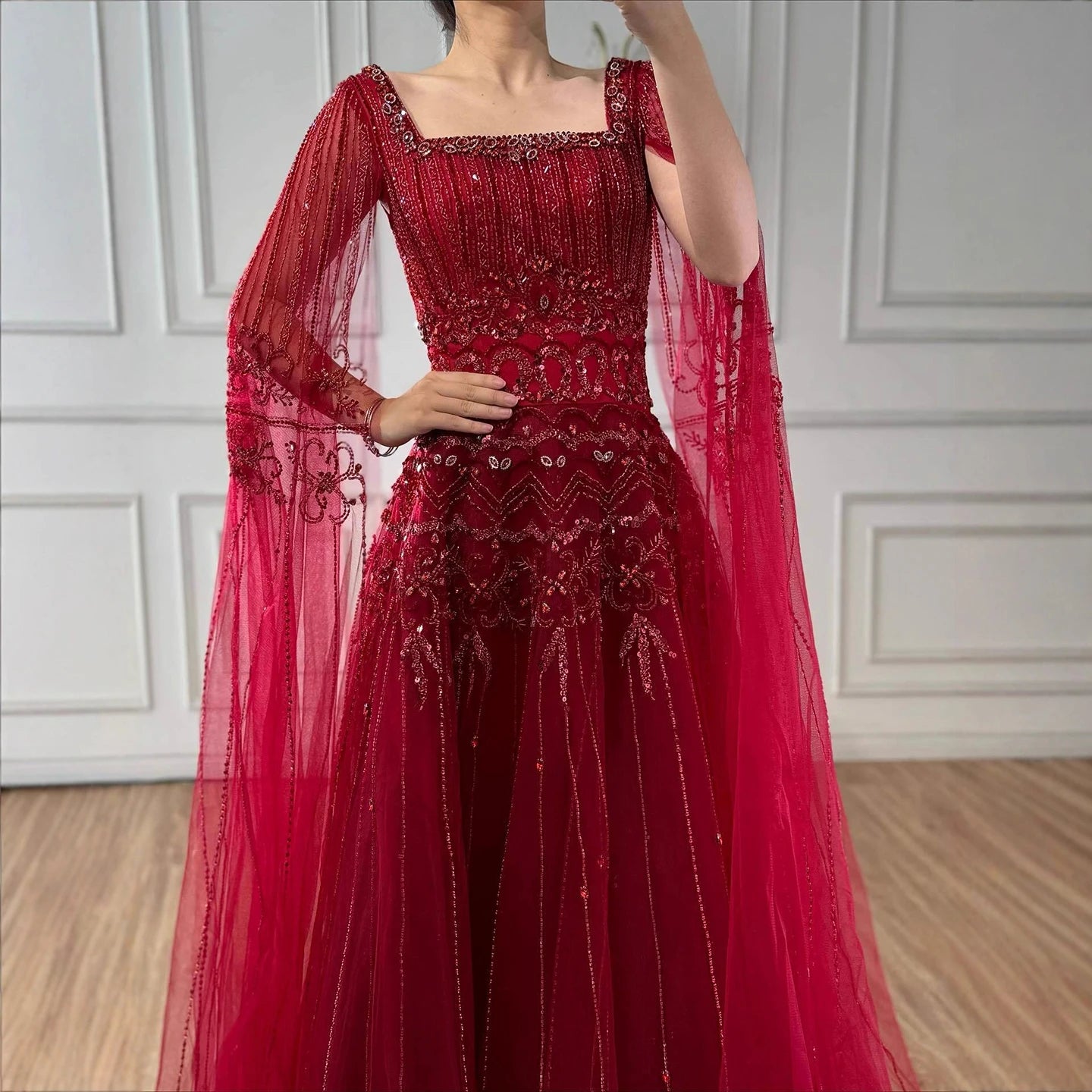 Luxury Caramel A-Line Beaded Evening Dress with Cape Sleeves LA73089A