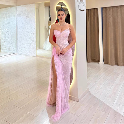 Luxury Pink Saudi Arabic Lace Embroidery Evening Dress LA73373