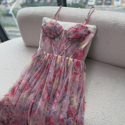 Luxury Pink A-Line Tulle Printed Ruffle Tiered Prom Dress LA73149
