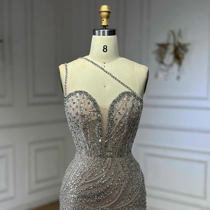 Luxury Dubai   Nude Beaded One-Shoulder Evening Gown with Crystal for Formal Occasion LA72872