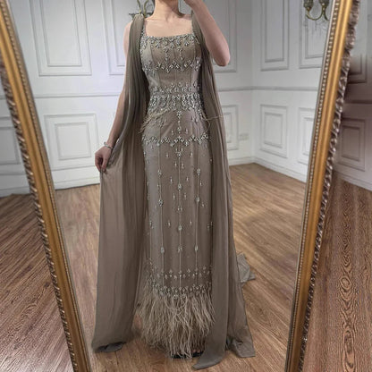 Luxury Caramel Beaded Mermaid Evening Dress with Feathers LA71492B