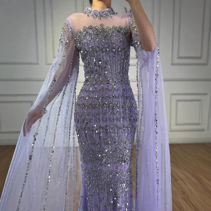 Luxury Nude Beaded Evening Dress with Long Cape Sleeves LA72714A