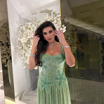 Luxury Arabic Green Beaded Spaghetti Strap Evening Dress LA73332