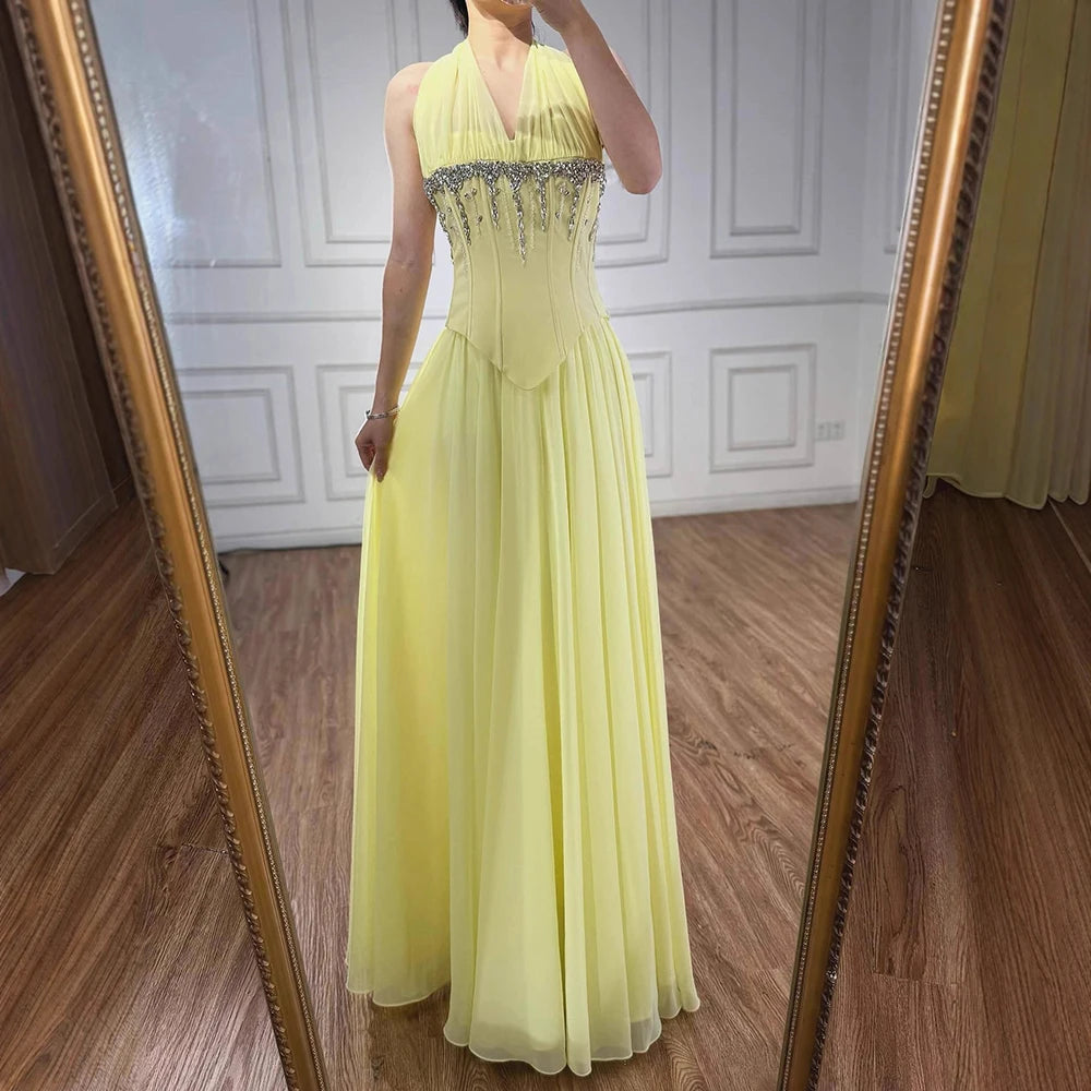 Luxury Designer Sage Green Chiffon Halter Beaded   Evening Dress LA73074