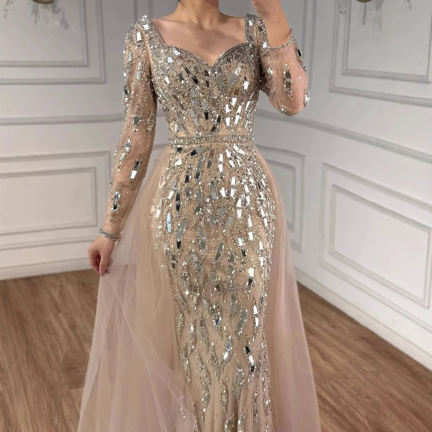 Luxury Arabic Nude Long Sleeve Mermaid Evening Dress LA73113A