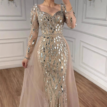 Luxury Arabic Nude Long Sleeve Mermaid Evening Dress LA73113A
