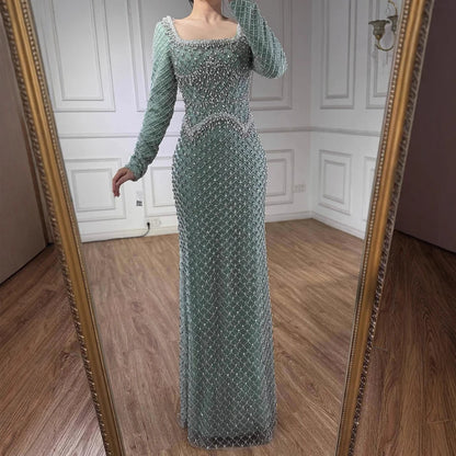 Modest Pearl Beaded Mermaid Evening Dress with Long Sleeves LA72919A